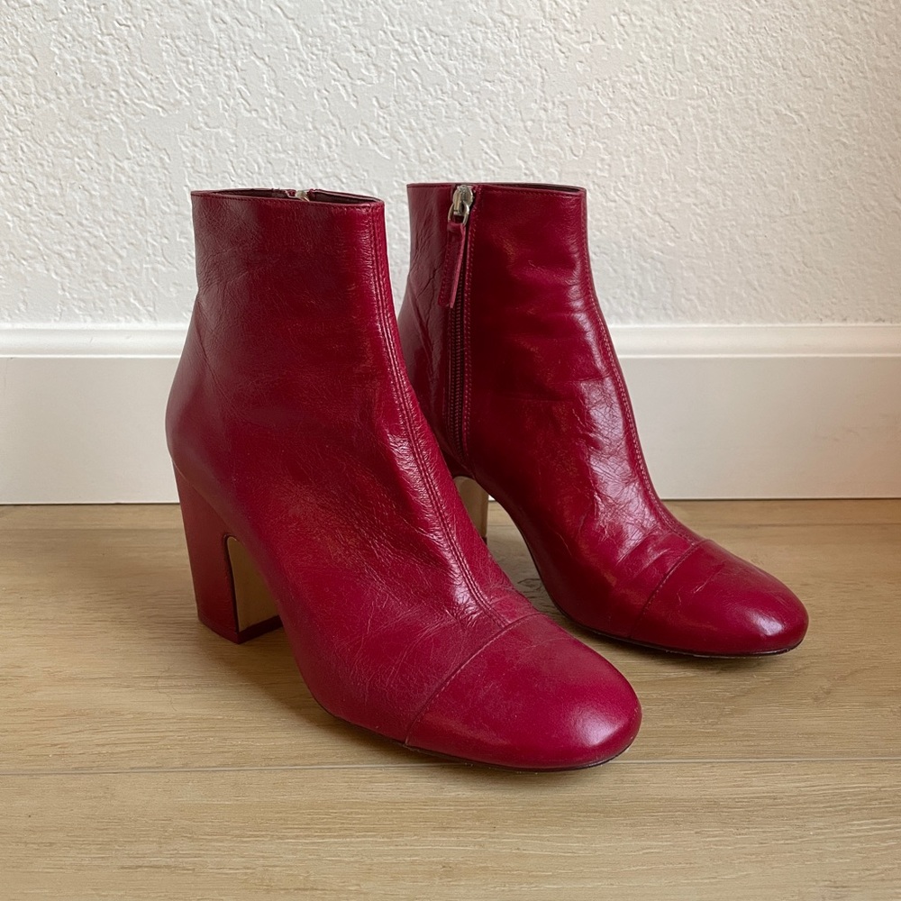 Women's Red Leather Ankle Booties - Classic Zip Block Heel